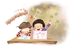 two children animated illustration HD wallpaper