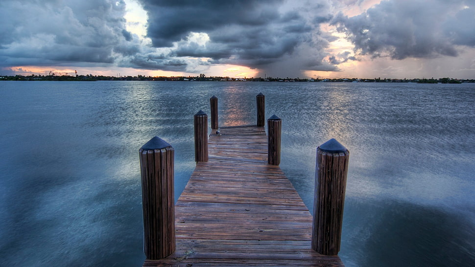 brown wooden dock wallpaper, sea, pier, sky, clouds HD wallpaper