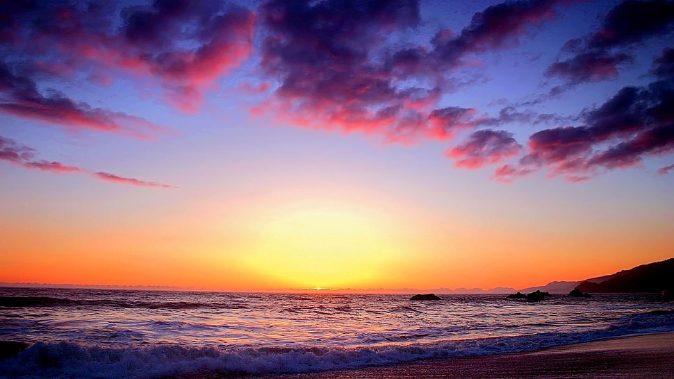 seashore, landscape, sunset HD wallpaper