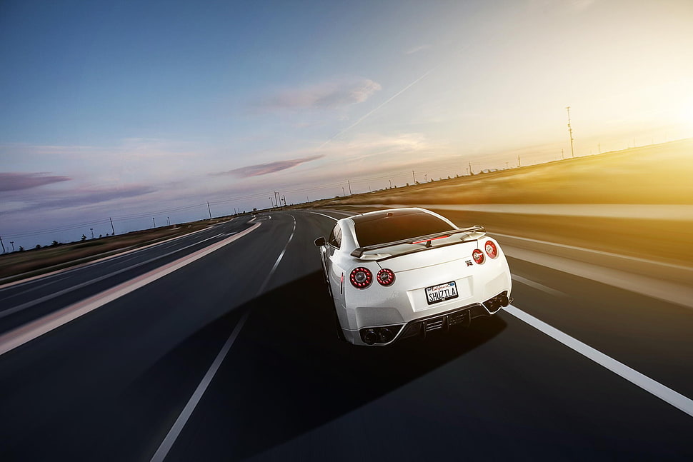 silver Nissan GT-R coupe, Nissan, Nissan Skyline GT-R R35, car, highway HD wallpaper