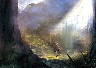 person walking on green grass surrounded by trees, original characters, forest