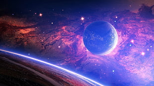 blue planet near red stars wallpaper
