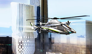 helicopter near building digital wallpaper