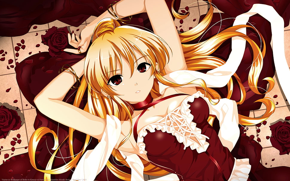 blonde anime girl character lying photo HD wallpaper
