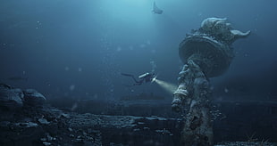 underwater photography of statue, underwater, water, sea, fish HD wallpaper