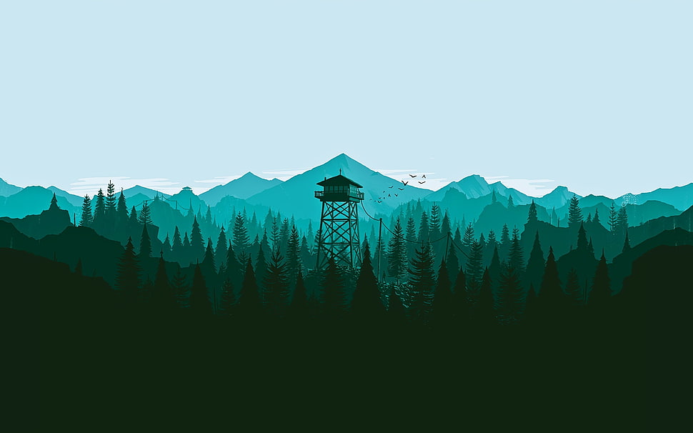 silhouette painting of watchtower, trees, Firewatch HD wallpaper