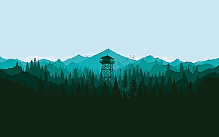 silhouette painting of watchtower, trees, Firewatch