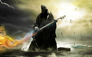 grim reaper playing the guitar with flame effects HD wallpaper