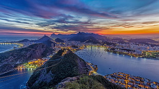 body of water near mountain, Rio de Janeiro, cityscape, hills, long exposure HD wallpaper