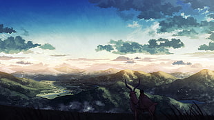 man on brown 4-legged animal facing mountains artwork, Studio Ghibli, Princess Mononoke, Ashitaka, Mononoke