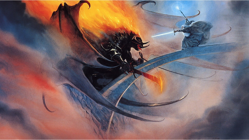 cartoon character digital wallpaper, Gandalf, Balrog, fantasy art, The Lord of the Rings HD wallpaper