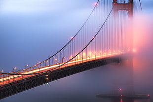 Brooklyn bridge with lights and fog photography HD wallpaper