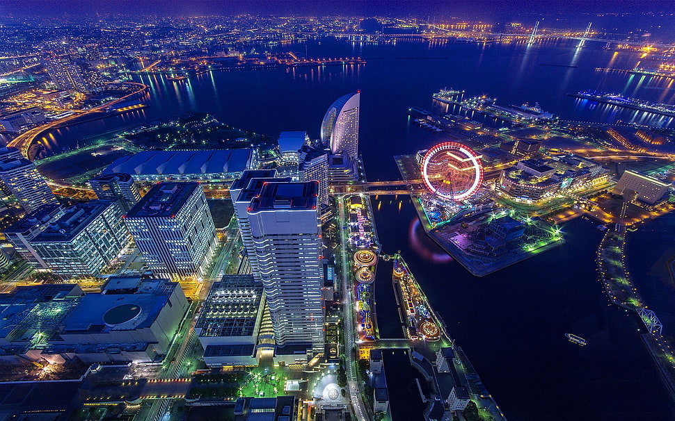 aerial photo of city, cityscape, ferris wheel, Japan, aerial view HD wallpaper