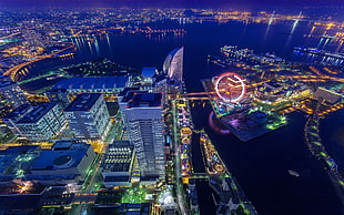 aerial photo of city, cityscape, ferris wheel, Japan, aerial view