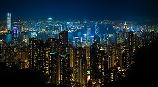 high-rise buildings, Hong Kong, night, city lights, lights
