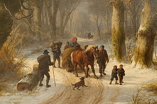 group of people walking on road with horse, painting, classic art, peasants, children