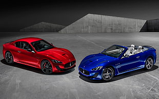 two blue and red coupes, Maserati, car, blue cars, red cars