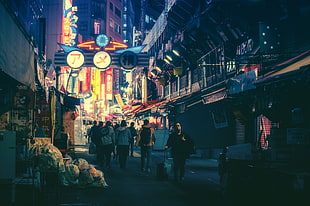 people walking beside shops photography, Japan, night, town, city HD wallpaper