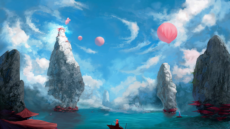 boat on water painting, digital art, clouds, hot air balloons HD wallpaper