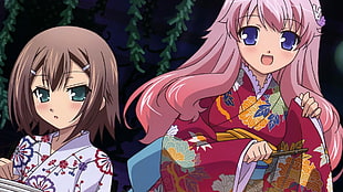 two female anime characters wearing red and white yukata