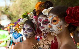 women's wearing sugar skull face paint HD wallpaper