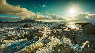 ocean wave crashing on rocks during day, sea, flares, sky, nature HD wallpaper