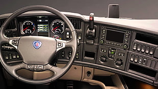 black Saab car interior, Scania, Truck, vehicle