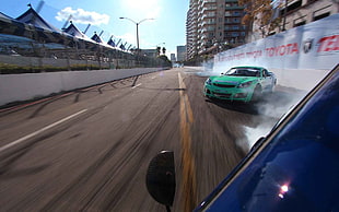 green coupe, race cars, car, drift