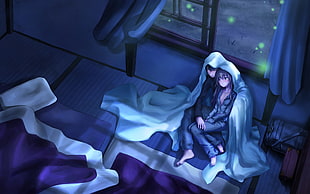 anime male and female cartoon character sitting near window during nightie