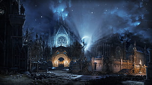 brown concrete castle digital wallpaper, Dark Souls, Dark Souls III, Irithyll, night