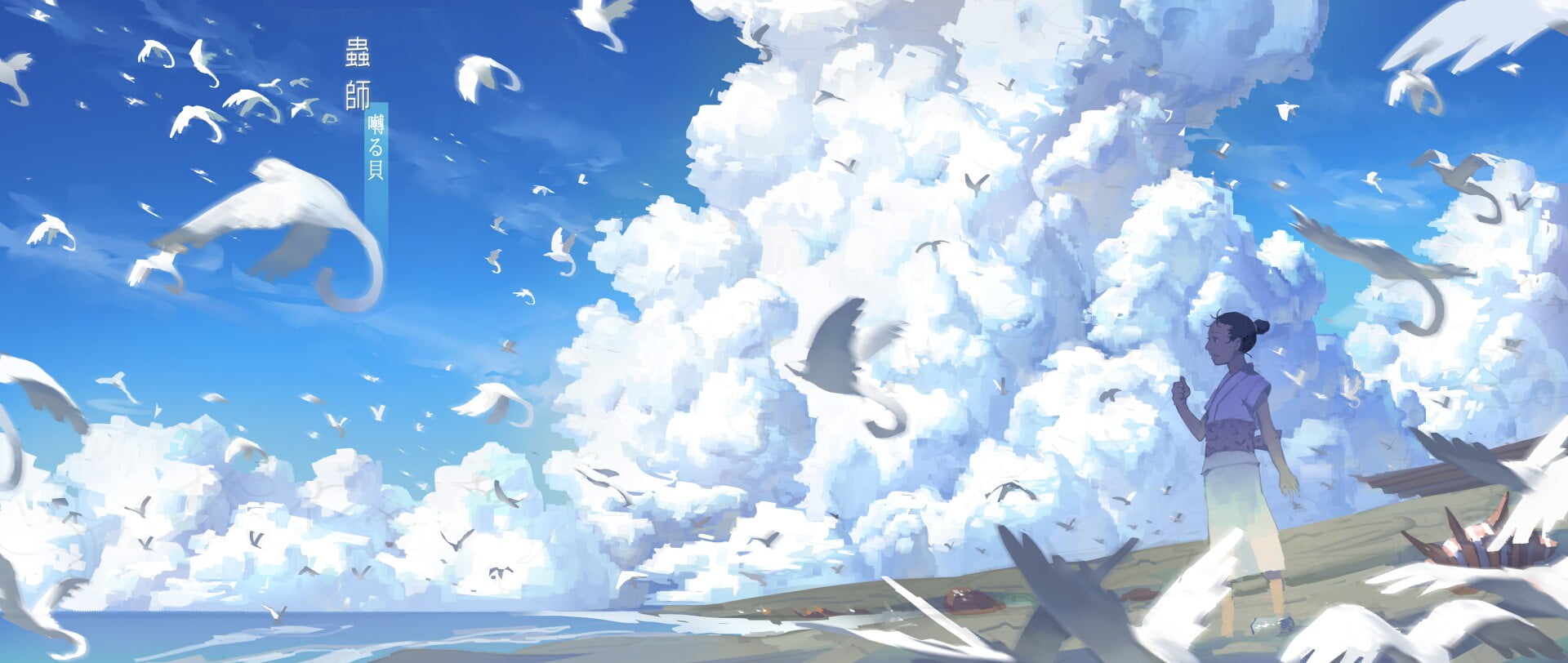 black haired anime character wallpaper, birds, clouds, Mushishi