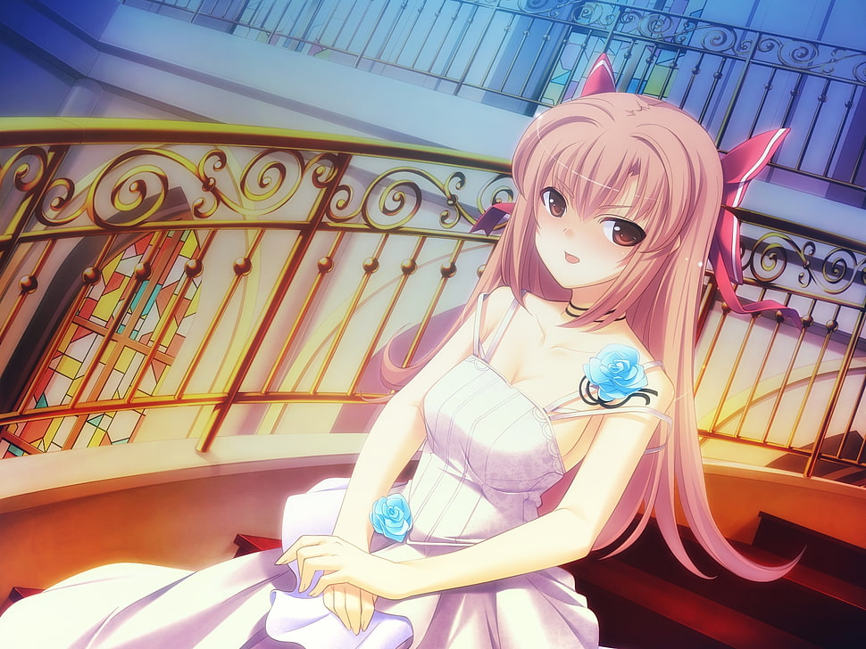 female anime character wearing white tank dress near railings poster HD wallpaper