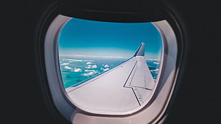 gray airplane wing, photography, window, airplane, Jakob Owens