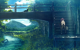 woman character sitting on stair during daytime HD wallpaper