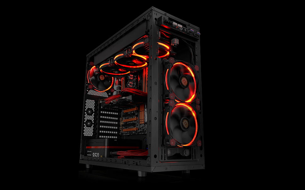 black computer tower with black background HD wallpaper
