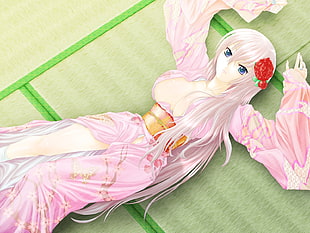 white haired female anime character wearing pink dress lying on straw bed