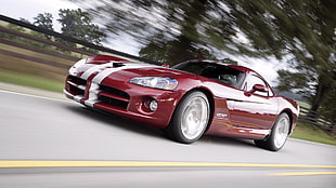 red sports coupe, car, Dodge, Dodge Viper, road