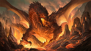 dragon of fire on mountain artwork, fire, dragon, teeth, scales HD wallpaper