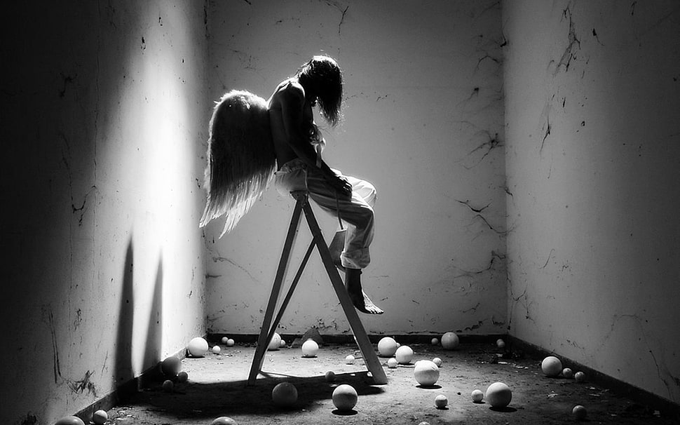black and white metal frame, wings HD wallpaper