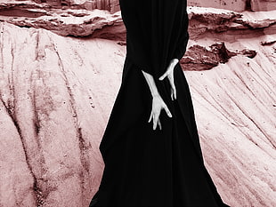 black long-sleeve dress, Hands, Dress, Minimalism
