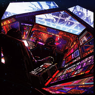 animated person on cockpit illustration, cockpit