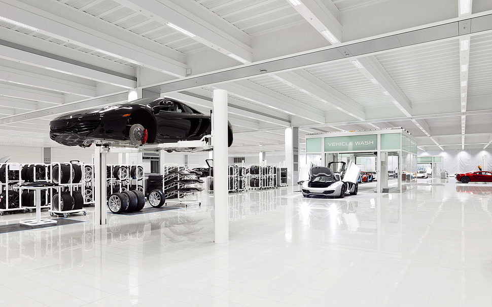 white and black wooden table, car, McLaren Technology Centre, McLaren MP4-12C, factories HD wallpaper