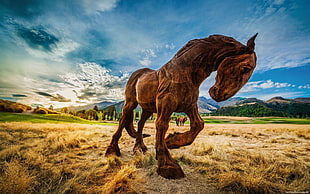 brown horse statue, horse, nature, landscape, HDR