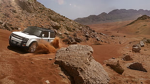 brown and white short coated dog, Land Rover DC100, concept cars, desert, rock