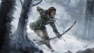 woman holding archer near tree digital wallpaper