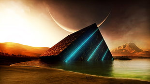black and brown wooden table, cube, space, digital art, crescent moon