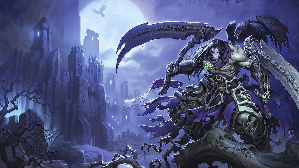 monster holding scythe fan art, video games, Darksiders, Darksiders 2 HD wallpaper