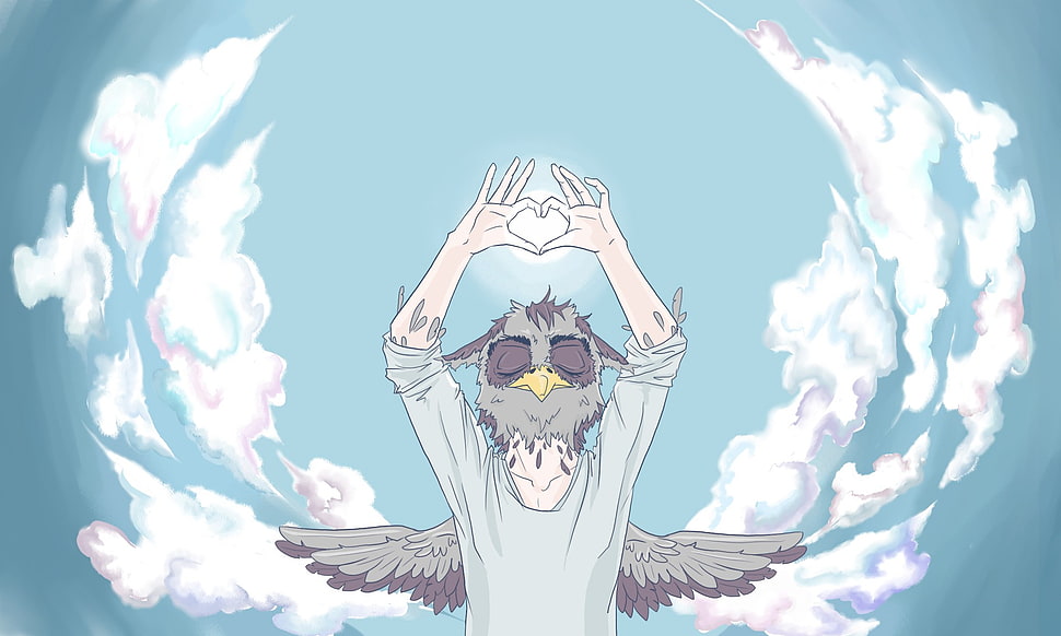 anime wallpaper, sky, clouds, owl, Anthro HD wallpaper