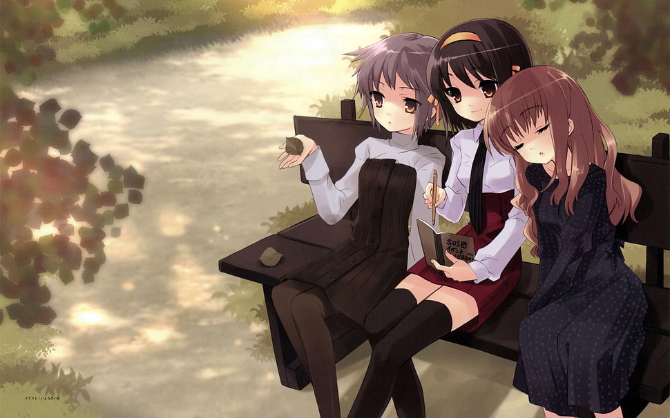 three female anime characters sitting on bench HD wallpaper