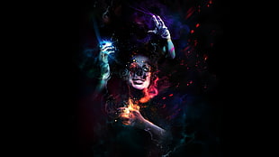 woman with three hands illustration with cosmic background